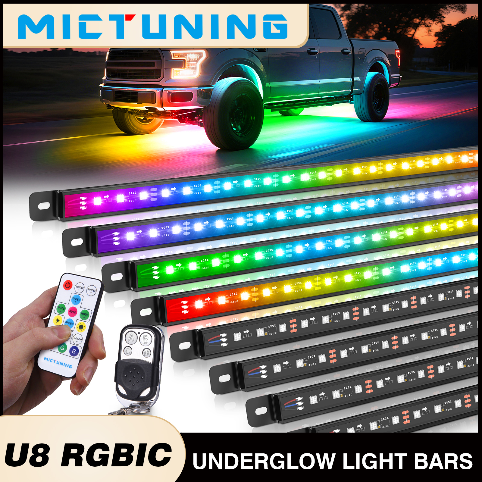 MICTUNING 8Pcs U8 RGB+IC Under - Rgb Underglow Strip ulasan dan harga